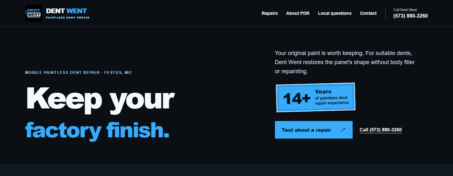 Dent Went website showing its Keep your factory finish message and direct contact options
