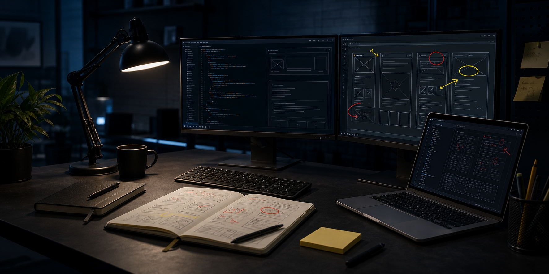 Dark software workstation with monitors, code, wireframes, and marked-up sketches