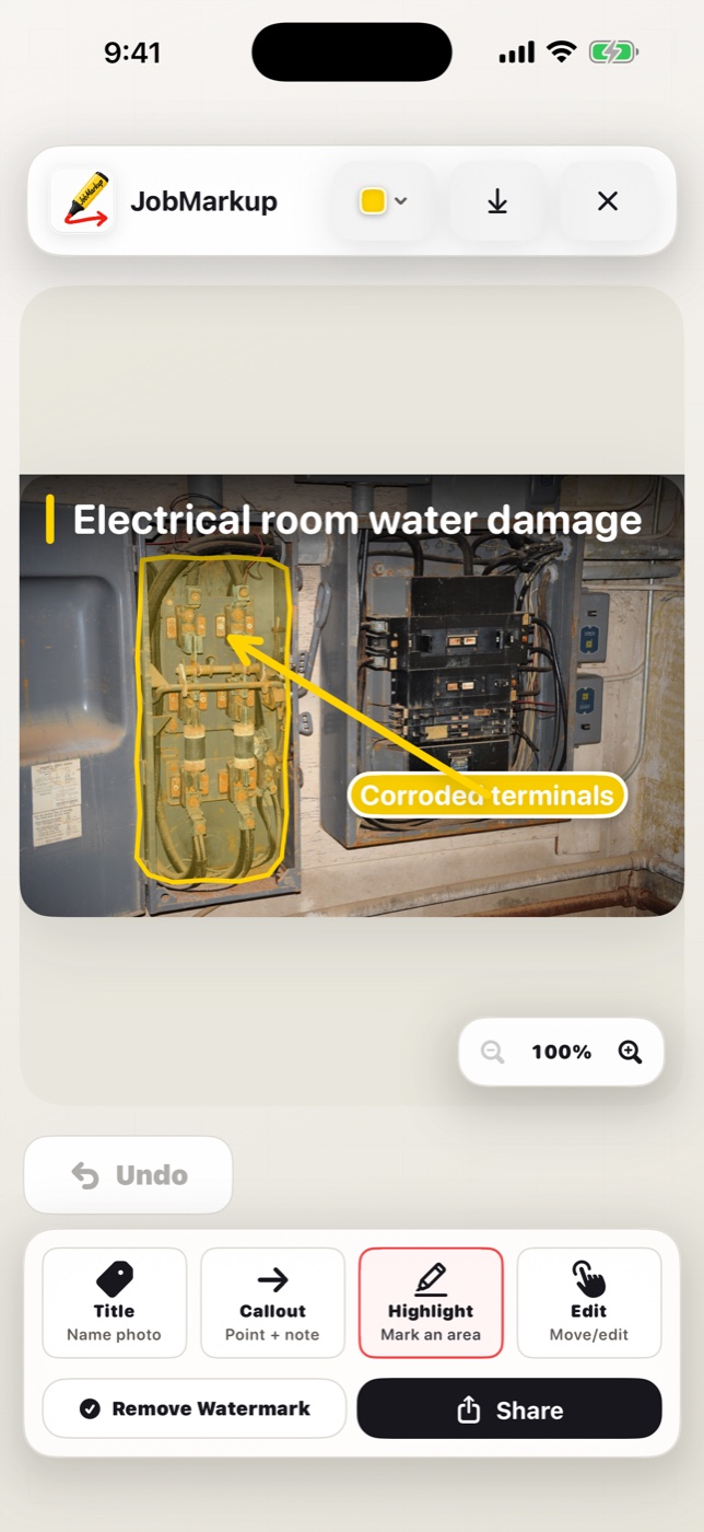 JobMarkup on iPhone marking corroded terminals in an electrical panel photo