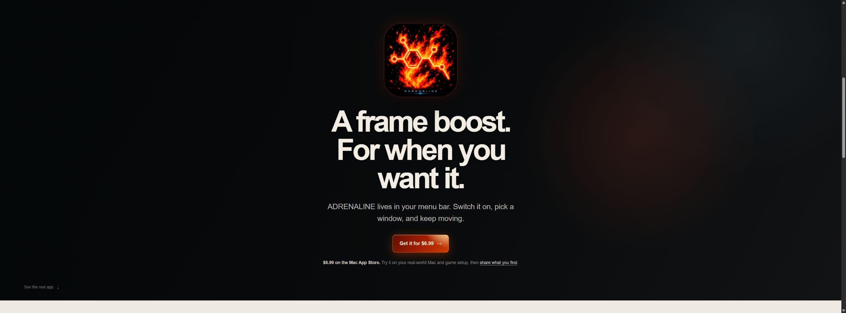 MacAdrenaline.com launch page showing the ADRENALINE app icon and headline